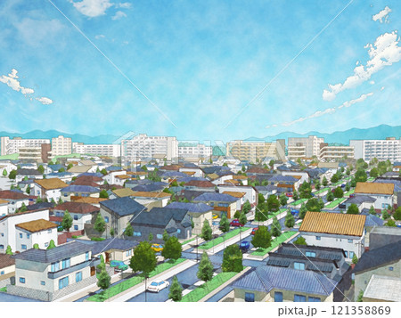 家 住宅 街 都市 手描き風 BG 水彩画風 青空 家 住宅 街 都市 手描き風 BG 水彩画風 青空 121358869