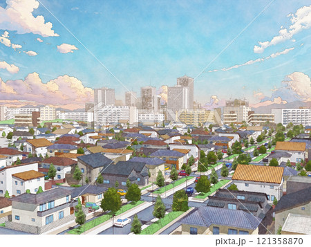 家　住宅　街　都市　手描き風　BG　水彩画風　朝夕 121358870