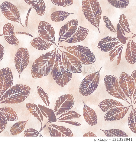 Watercolor texture floral seamless pattern with line art and silhouette flowers. Hand drawn background with beige and lilac shades. Perfect for creating trendy graphic resource and designs. Watercolor texture floral seamless pattern with line art and silhouette flowers. Hand drawn background with beige and lilac shades. Perfect for creating trendy graphic resource and designs. 121358941