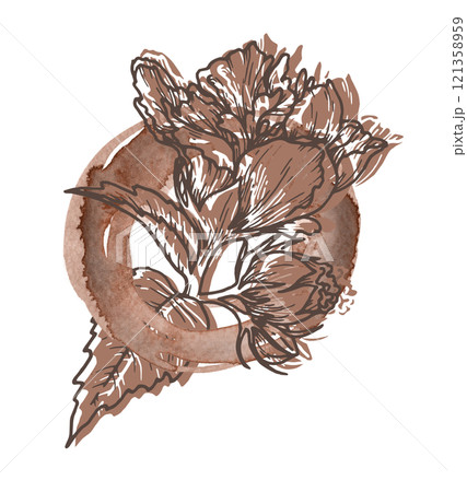 Floral arrangement in the 2025 color of the year Mocha Mousse. Hand drawn outline flower with watercolor stain and warm brown tone. Perfect for creating trendy graphic resource and designs. 121358959