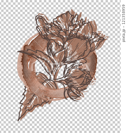 Floral arrangement in the 2025 color of the year Mocha Mousse. Hand drawn outline flower with watercolor stain and warm brown tone. Perfect for creating trendy graphic resource and designs. 121358959