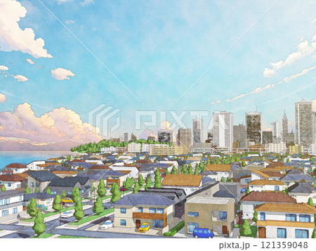 家 住宅 街 都市 海 手描き風 BG 水彩画風 朝夕のイラスト素材
