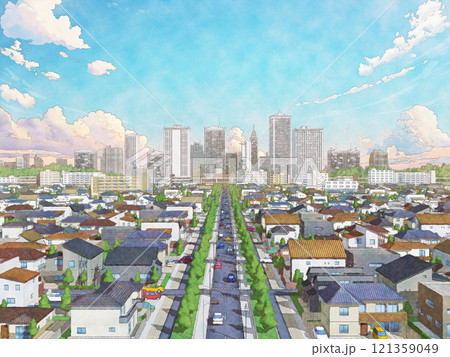 家　住宅　街　都市　海　手描き風　BG　水彩画風　朝夕 121359049