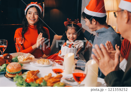 Christmas family portrait - Happy family together in Christmas Christmas family portrait - Happy family together in Christmas 121359252