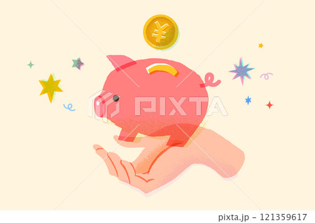 豚の貯金箱を持つ手、貯金や投資、副業などのイメージイラスト 豚の貯金箱を持つ手、貯金や投資、副業などのイメージイラスト 121359617