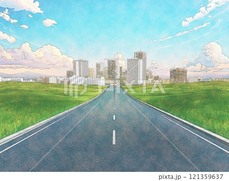 道 手描き風 水彩画風 道路 草原 一本道  道 手描き風 水彩画風 道路 草原 一本道  121359637