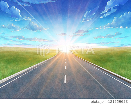 道　手描き風　水彩画風　道路　草原　一本道　日の出　太陽 121359638