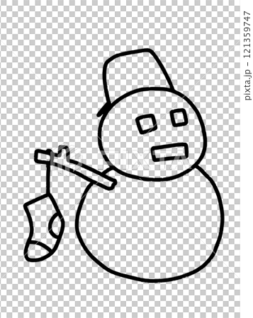 A simple line drawing of a snowman hanging socks 121359747