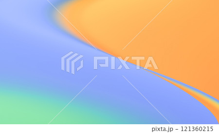 A smooth abstract gradient blending blue, orange, and green hues with a soft curve dividing the colors, creating a serene, flowing visual effect. 121360215