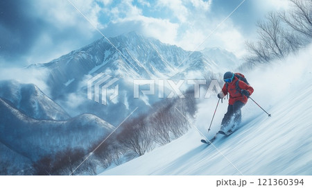 【雪景色】急斜面を滑べるスキーヤー 【雪景色】急斜面を滑べるスキーヤー 121360394