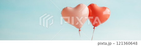 Intertwined Heart Shaped Balloons in Bold Red and Pink Floating in the Sky 121360648