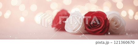 Intertwined Roses in Red and White Surrounded by Soft Light and Blur 121360670