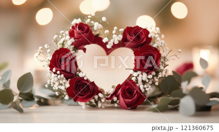 Elegant Heart Shaped Wreath of Lush Red Roses and Delicate Flowers 121360675