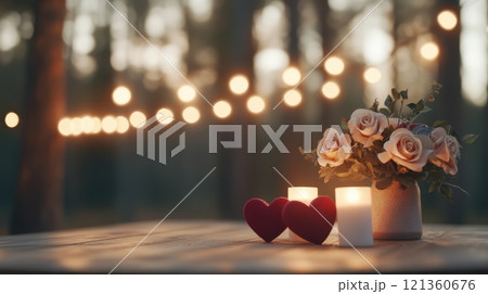 Dreamy Outdoor Dinner Scene Under String Lights with Floral Arrangement and Hearts 121360676
