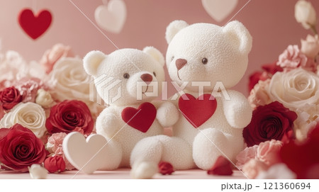 Romantic Valentine s Day Display Featuring Soft Teddy Bears with Hearts 121360694