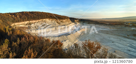 Aerial view of open pit mine of sandstone materials for construction industry with excavators and dump trucks. Heavy equipment in mining and production of useful minerals concept 121360780