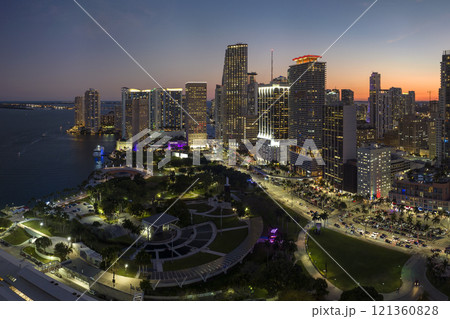 Aerial view of downtown district of of Miami Brickell in Florida, USA at night. High commercial and residential skyscraper buildings in modern american megapolis 121360828