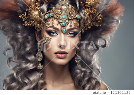 2100年トレンド西洋人ヘアメイクスタイルの美人女性像を生成AIで表現（横写真） 121361123