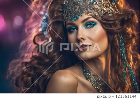 2100年トレンド西洋人ヘアメイクスタイルの美人女性像を生成AIで表現（横写真） 121361144