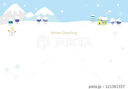 山と小さな家とゆきだるまの冬のメッセージカードイラスト 121361357