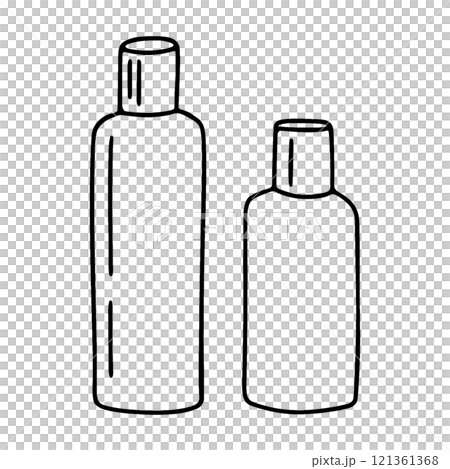 洗髮精、護髮素和化妝品瓶的簡單手繪線條圖，透明背景上的切口 121361368