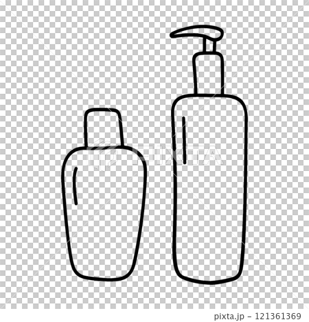 Simple hand-drawn line drawing illustration of shampoo, conditioner and cosmetic bottles, cut out on transparent background Simple hand-drawn line drawing illustration of shampoo, conditioner and cosmetic bottles, cut out on transparent background 121361369