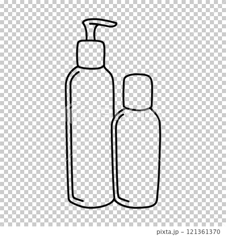 Simple hand-drawn line drawing illustration of shampoo, conditioner and cosmetic bottles, cut out on transparent background Simple hand-drawn line drawing illustration of shampoo, conditioner and cosmetic bottles, cut out on transparent background 121361370