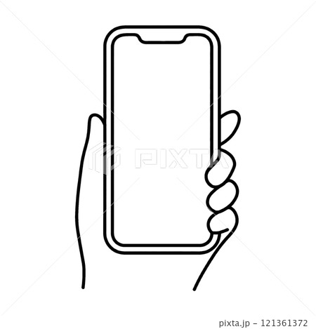 スマホを持っている左手のシンプルな手描き線画イラスト　透過背景の切り抜き 121361372