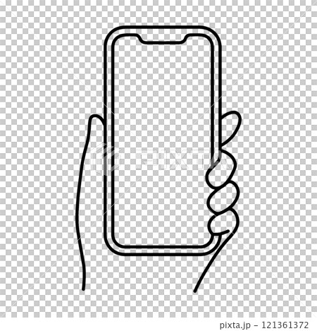 スマホを持っている左手のシンプルな手描き線画イラスト　透過背景の切り抜き 121361372