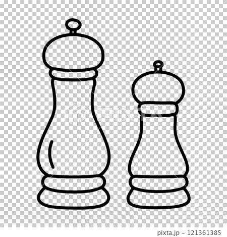 Simple hand-drawn line drawing illustration of pepper mill and salt mill, cut out on transparent background 121361385