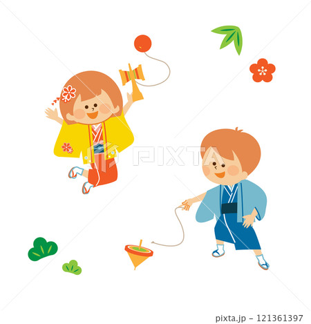 正月 日本の着物を着て遊ぶ子供のイラスト 正月 日本の着物を着て遊ぶ子供のイラスト 121361397