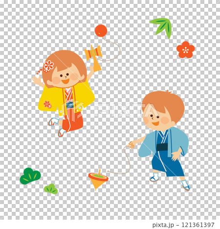 New Year's illustration of children playing in Japanese kimonos 121361397