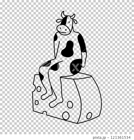 巨大なチーズの上に座っている牛のキャラクターの手描き線画イラスト　透過背景の切り抜き 121361534