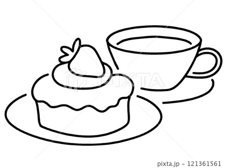 いちごのケーキと紅茶のセットのシンプルな手描き線画イラスト　透過背景の切り抜き 121361561