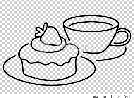 いちごのケーキと紅茶のセットのシンプルな手描き線画イラスト　透過背景の切り抜き 121361561
