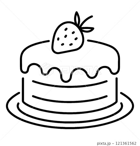 いちごとクリームのデコレーションケーキのシンプルな手描き線画イラスト　透過背景の切り抜き 121361562