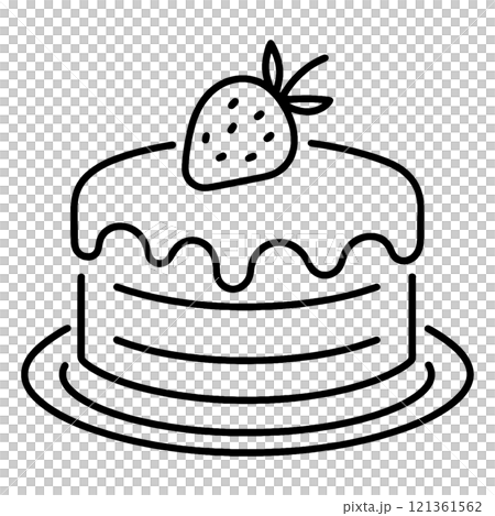 いちごとクリームのデコレーションケーキのシンプルな手描き線画イラスト　透過背景の切り抜き 121361562