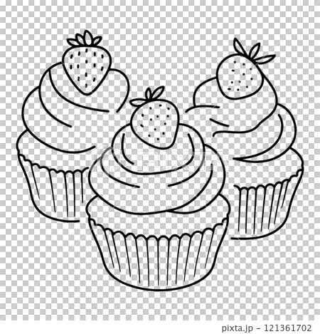 一個簡單的手繪線條畫插圖，在透明背景上裝飾著草莓和生奶油的紙杯蛋糕。 121361702