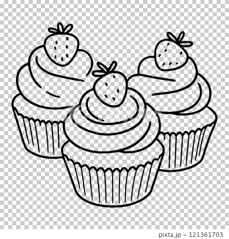 A simple hand-drawn line drawing of a cupcake decorated with strawberries and whipped cream, cut out on a transparent background 121361703