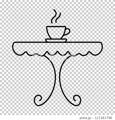 Simple hand-drawn line drawing illustration of a mini table with hot drinks on it, cut out on transparent background Simple hand-drawn line drawing illustration of a mini table with hot drinks on it, cut out on transparent background 121361796