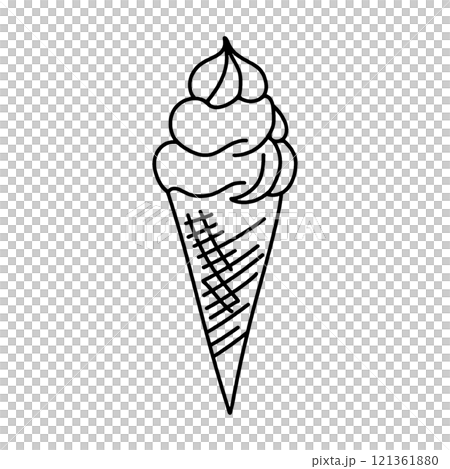 Simple hand-drawn line drawing illustration of soft serve ice cream, cut out on transparent background 121361880