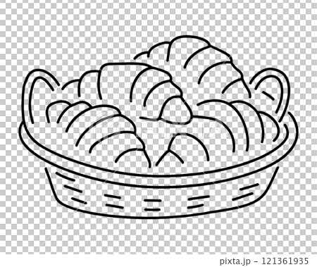 簡單的手繪線條圖，描繪了一個裝滿新鮮出爐的羊角麵包的麵包籃，透明背景上的切口 121361935