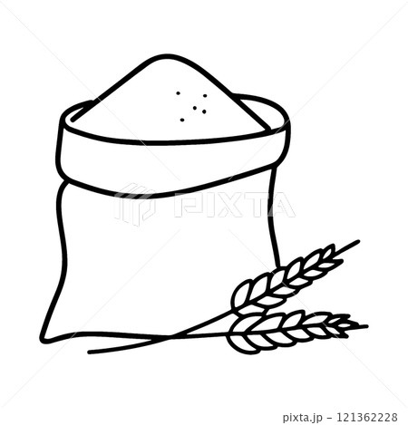 袋に入れた小麦粉と小麦の穂のシンプルな手描き線画イラスト　透過背景の切り抜き 121362228
