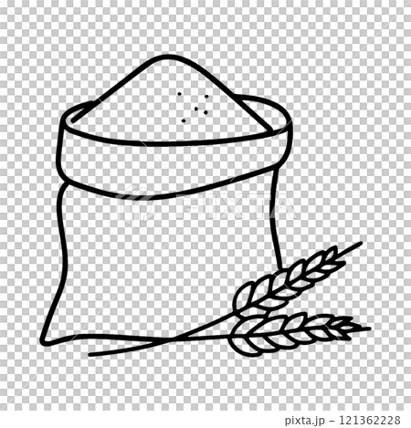 Simple hand-drawn line drawing illustration of flour in a bag and wheat ears, cut out on transparent background 121362228