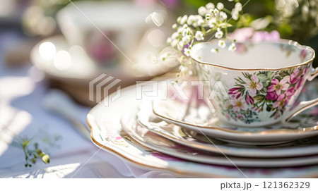 Delightful afternoon tea spread featuring a tiered cake stand brimming with cupcakes, scones, and sweet pastries, accompanied by a floral porcelain tea set 121362329