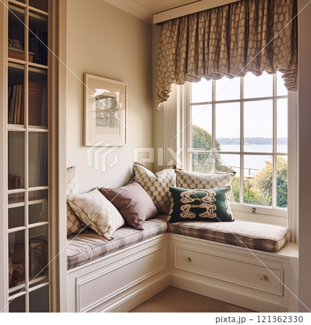 Window seat, interior design and comfort at home, reading nook with cushions and decor in a country house, English cottage style, post-processed, generative ai 121362330