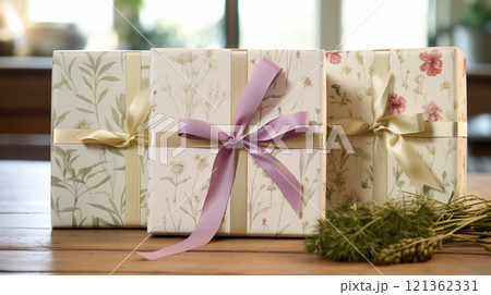 Christmas gift box wrapping idea for boxing day and winter holidays in the English countryside tradition 121362331