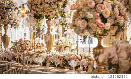 Grand wedding decoration in the country manor, floral decor and event celebration, flowers, wedding aisle and tablescape in the garden, English countryside style idea 121362332