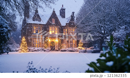 Country manor decorated for Christmas, Merry Christmas holiday idea 121362335