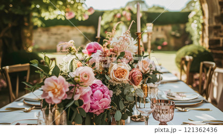 Wedding decoration with peonies, floral decor and event celebration, peony flowers and wedding ceremony in the garden, English country style Wedding decoration with peonies, floral decor and event celebration, peony flowers and wedding ceremony in the garden, English country style 121362436
